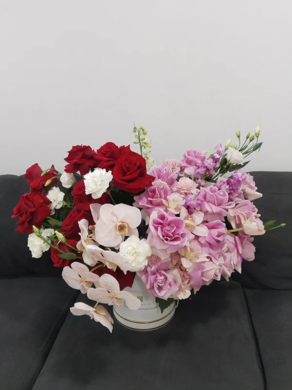 Red & Pink Box with White Roses- Dubai Flower Shop - dubai florist near me