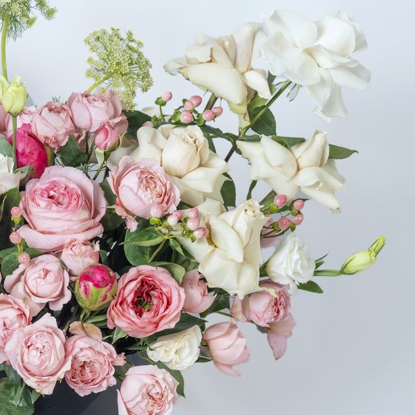 Elegant Pink & White Floral Arrangement in Black Hat Box - Image 3