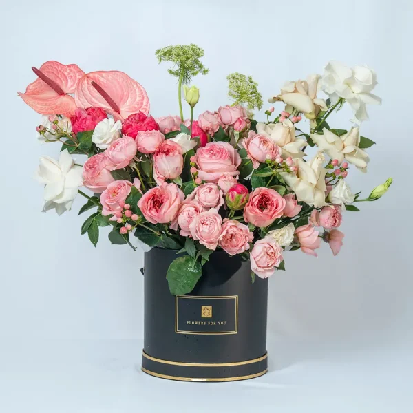 Elegant Pink & White Floral Arrangement in Black Hat Box