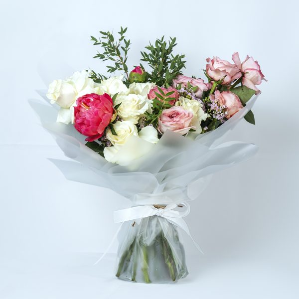 Elegant Pink and White Rose Bouquet with Fresh Peonies